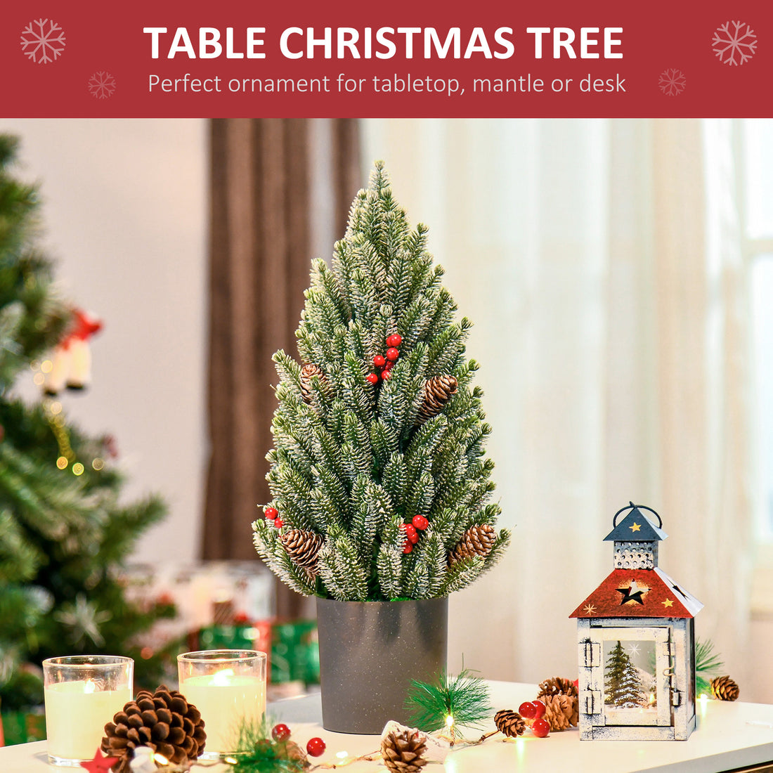 HOMCOM 18&quot; Tall Unlit Miniature Snow-Flocked Tabletop Artificial Christmas Tree, Holiday Decoration with Pine Cones and Berries
