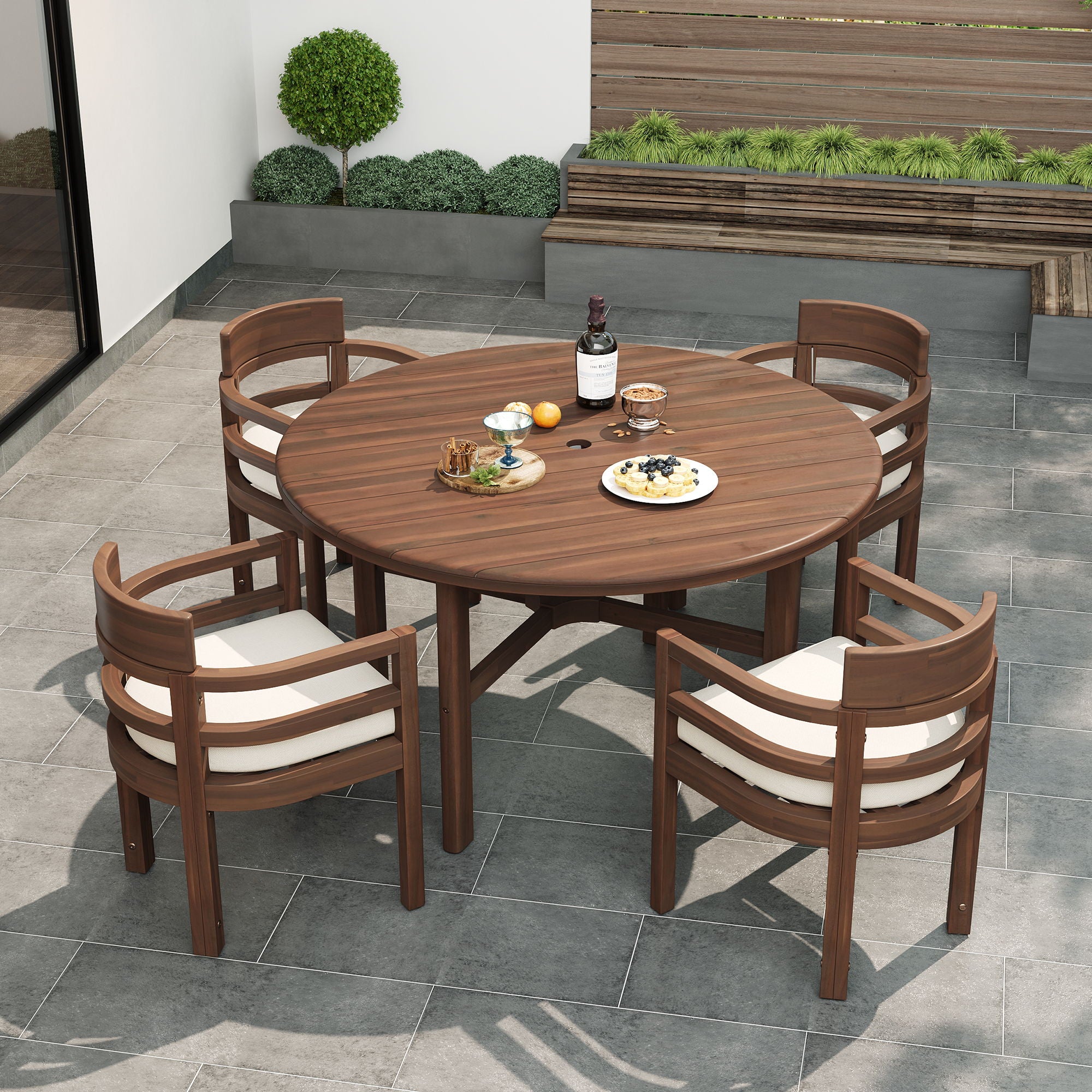 5 Piece Round Patio Table &amp; Cushioned Armrest Chairs, Outdoor Dining Set With Umbrella Hole