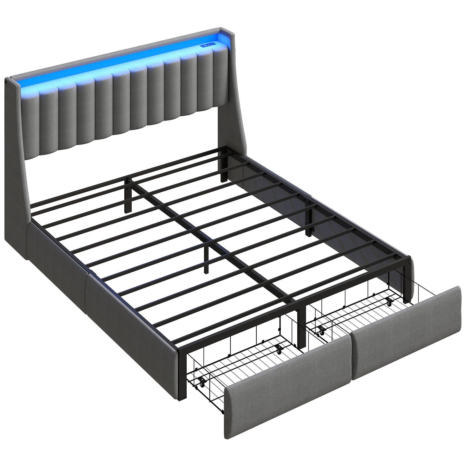 Upholstered Platform Bed Frame With RGB LED Lights, Charging Station &amp; 2 Underbed Drawers