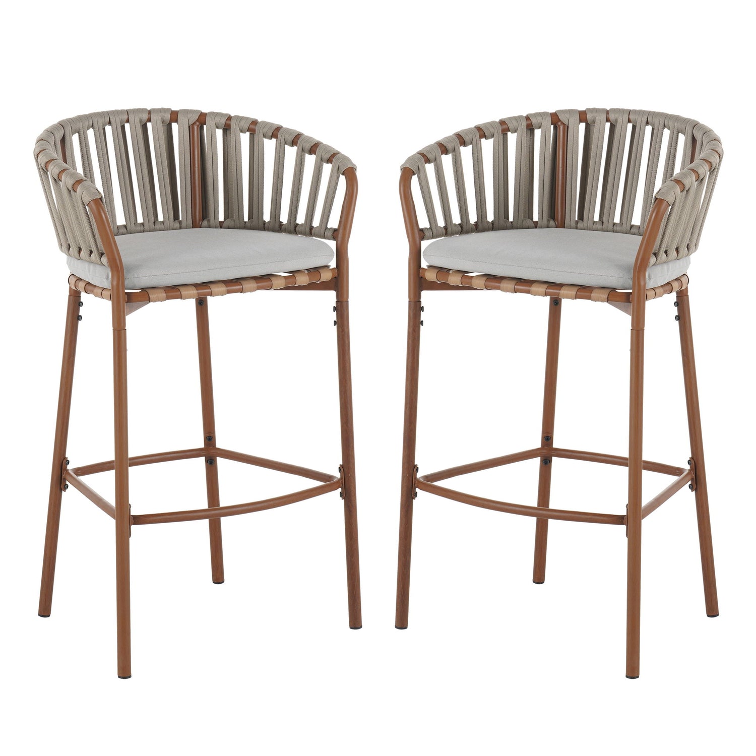 Lodi - Outdoor Matal Rope Barstool, Teak / Beige (Set of 2) - Teak / Beige