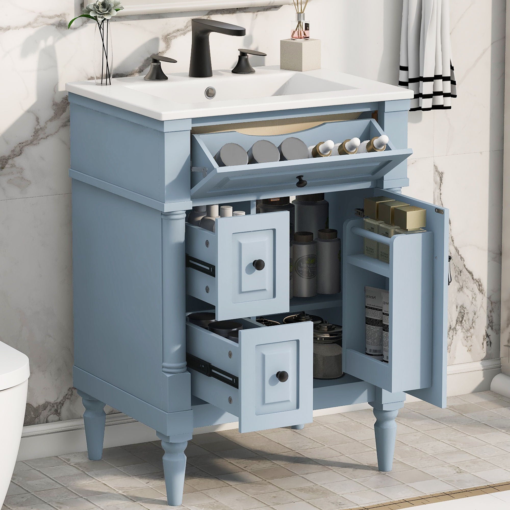 Freestanding Bathroom Vanity With Sink, Adjustable Shelf &amp; Flip Drawer