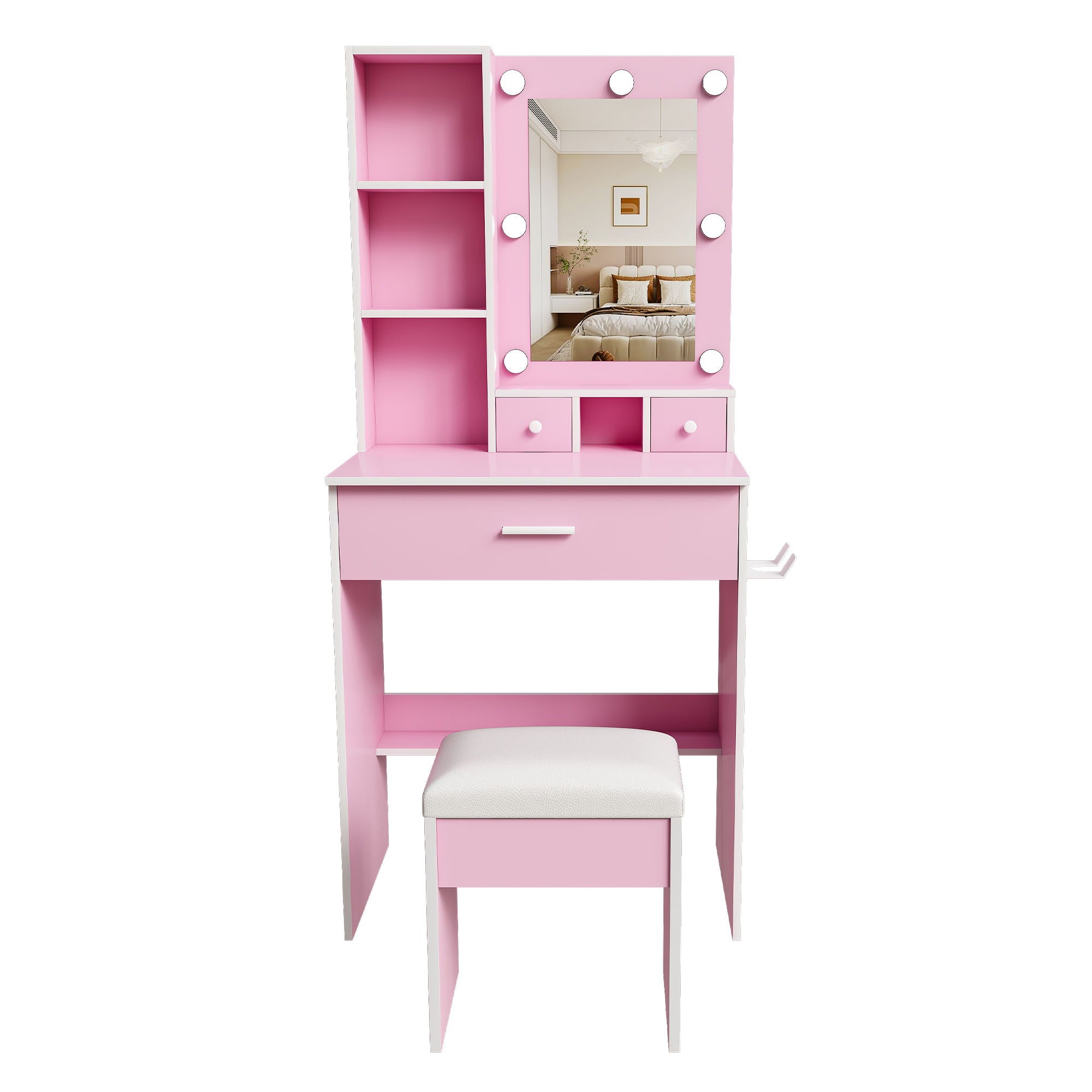 Vanity Table With Mirror, Adjustable LED Lights, Power Outlet, Hairdryer Holder &amp; Stool