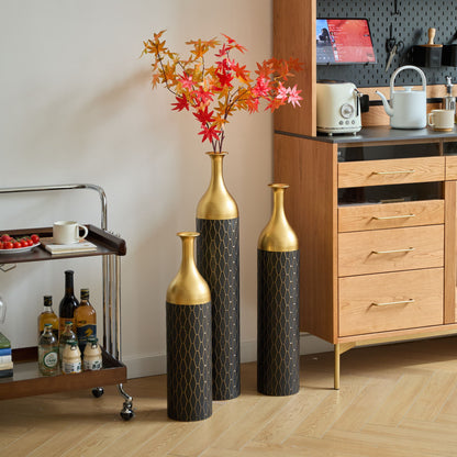 Elegant Floor Vase Set Metal Decorative Vases 3 Piece Set For Floral Display, Wedding &amp; Gift Decor - Gold / Black