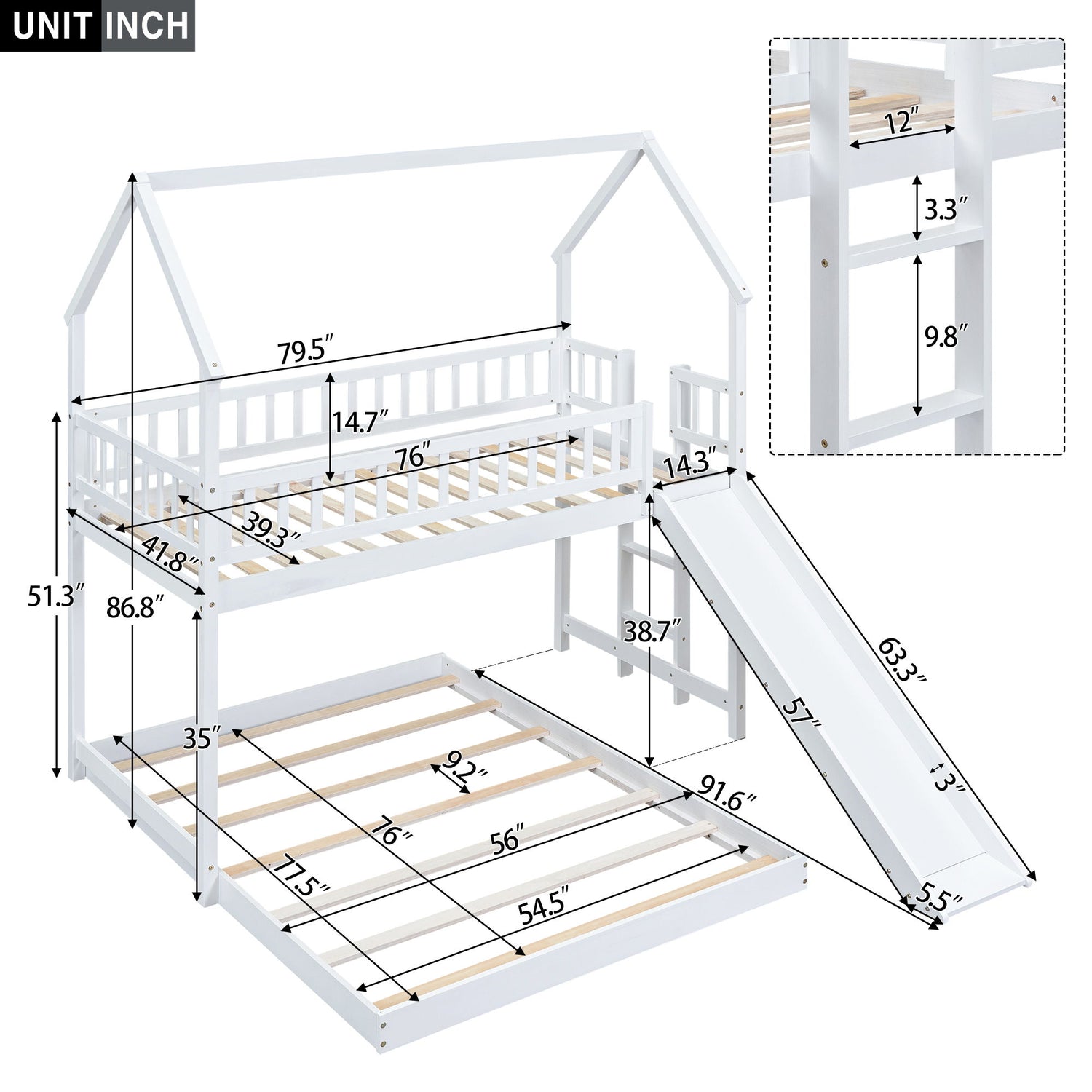 Hearth &amp; Haven - Twin Over Full House Bunk Bed With Slide, Built In Ladder And Full Length Guardrail - White