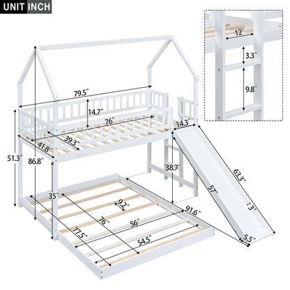 Hearth &amp; Haven - Twin Over Full House Bunk Bed With Slide, Built In Ladder And Full Length Guardrail - White