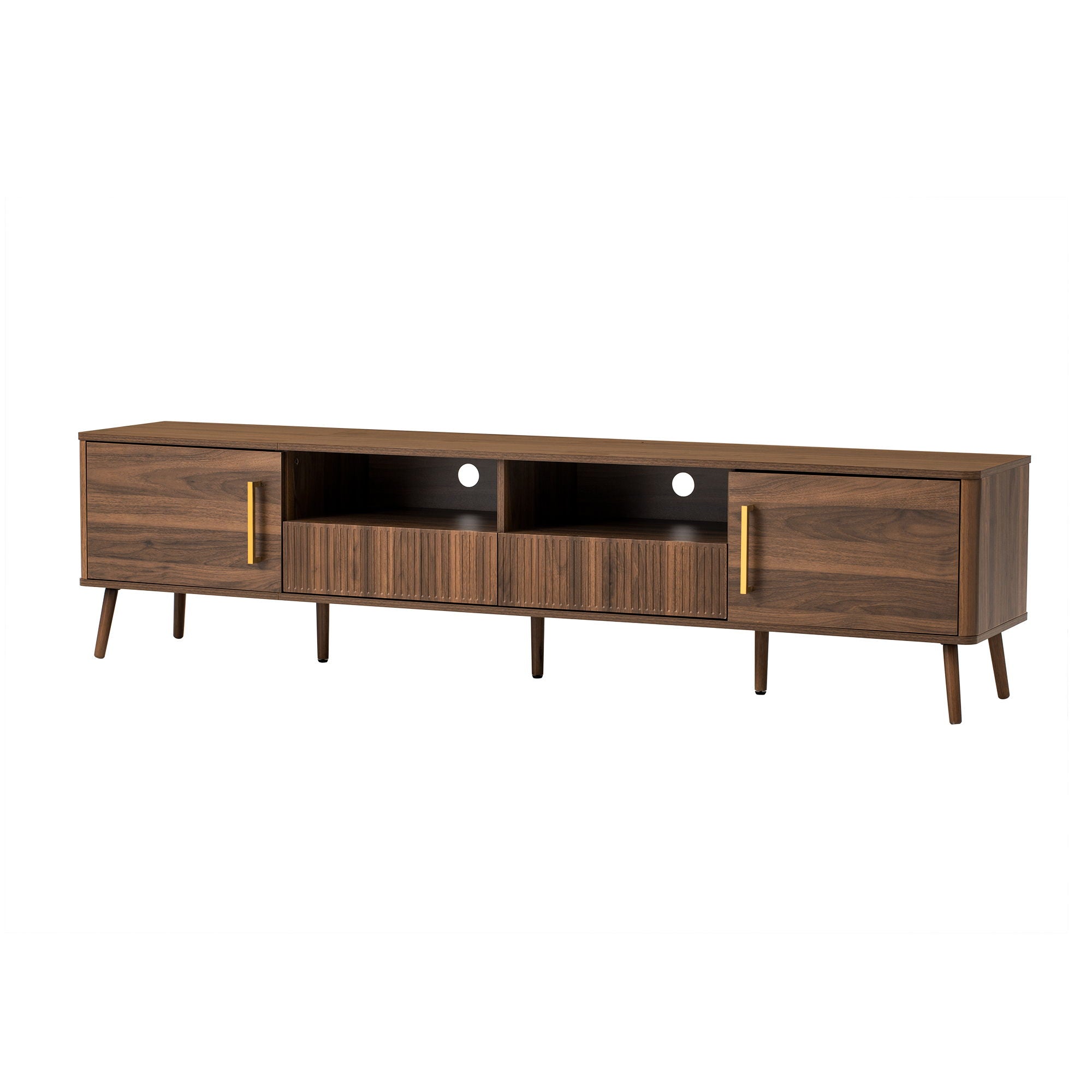 TV Stand For TVs Up To 85&quot; With Soft-Close Doors, Open Shelf, Cable Management - Walnut