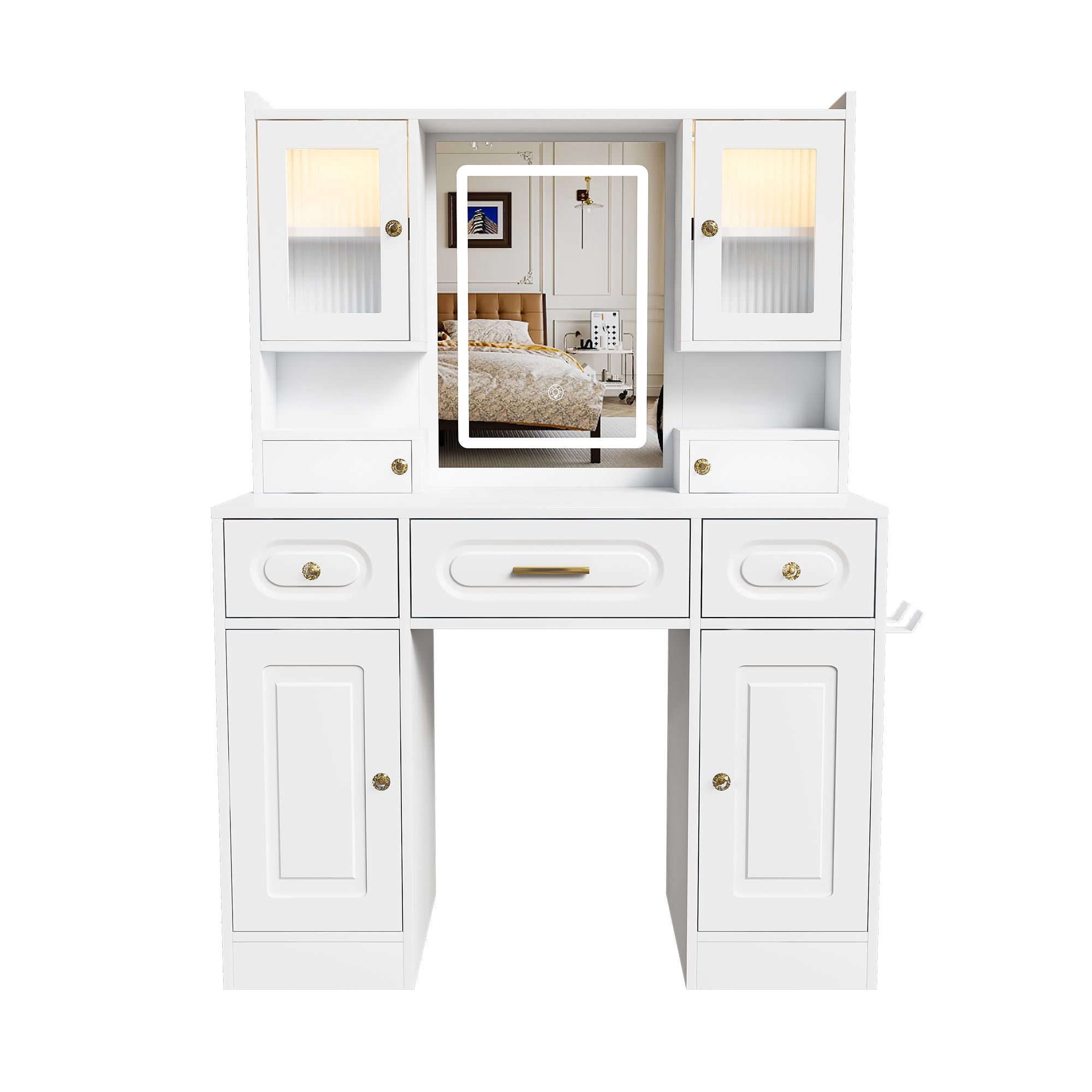 Large Vanity Table Set With Mirror, 6 Drawers &amp; Shelves, Power Socket, Hair Dryer Holder, Cabinet Light, Dressing Desk - White