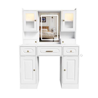 Large Vanity Table Set With Mirror, 6 Drawers &amp; Shelves, Power Socket, Hair Dryer Holder, Cabinet Light, Dressing Desk - White