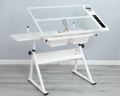 Adjustable Tempered Glass Drafting Printing Table With Chair