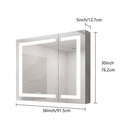 36&quot; X 30&quot; Medicine Cabinet With LED Vanity Mirror, Anti-Fog Recessed Or Surface Mount Bathroom Double Door Large Storage 3000K~6000K Bright Lighted Aluminum Storage Cabinet With Touch Switch - Silver