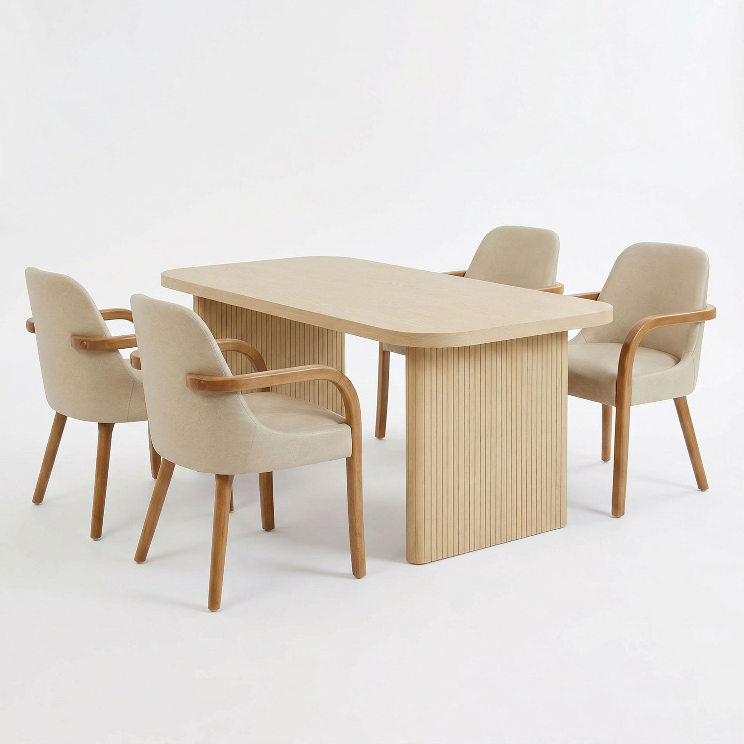 5 Piece Indoor Dining Set With Fluted Table &amp; Chairs - Khaki / Light Oak / Natural