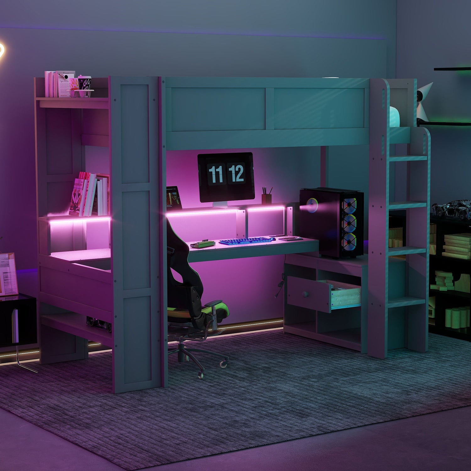 Gaming Loft Bed With Desk, Multi Storage Shelves, LED And Charging Station