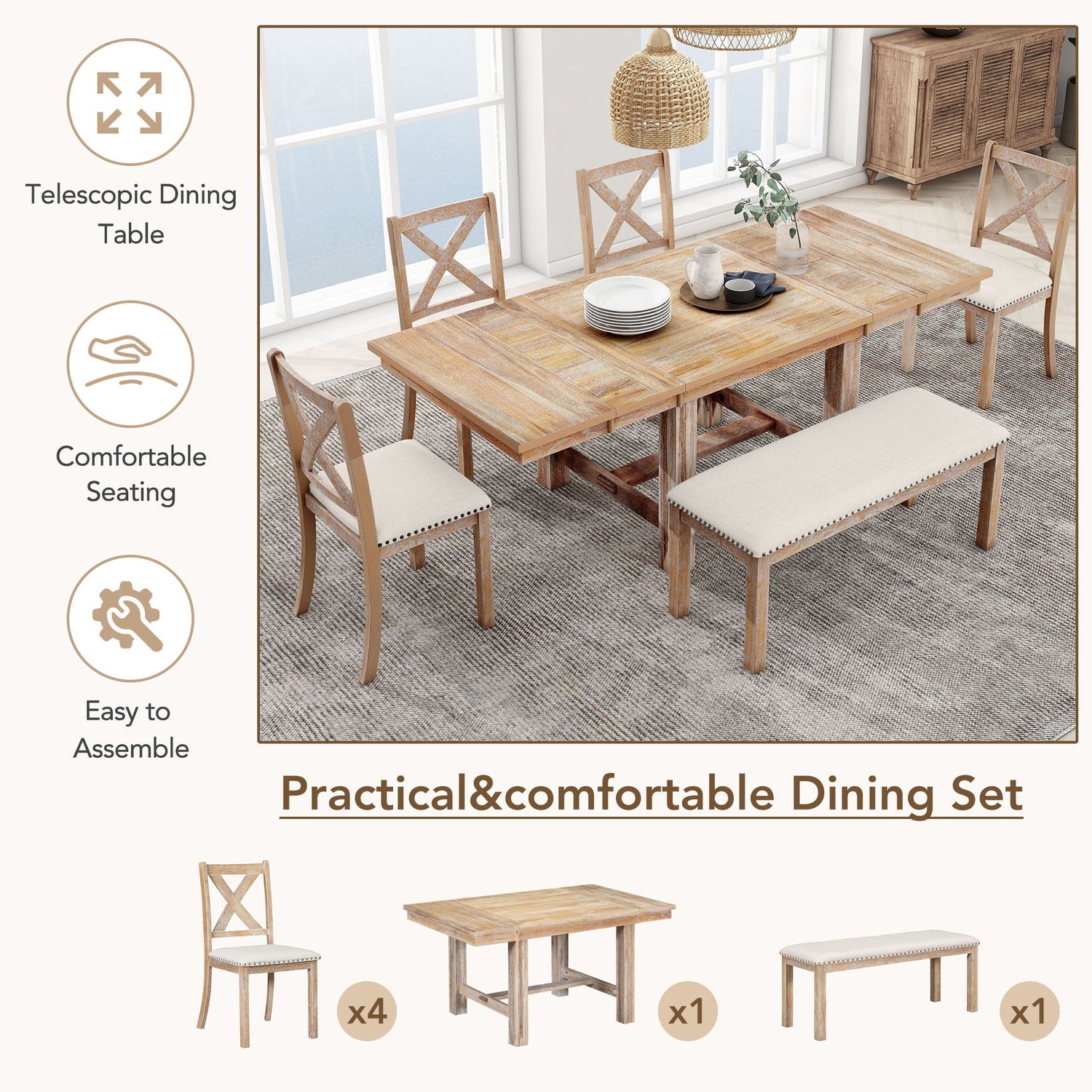 Topmax - 6 Piece Farmhouse Extendable Dining Table With Footrest, 4 Upholstered Dining Chairs And Dining Bench, Two 11&quot; Removable Leaf