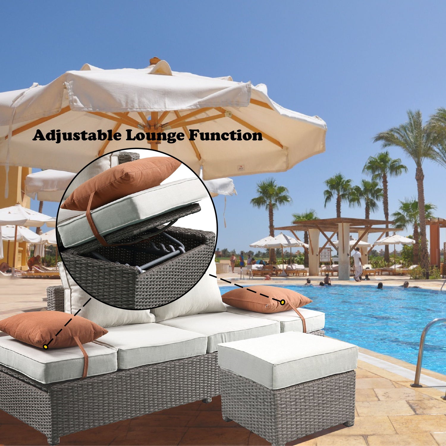 Salena - All Weather Wicker Patio Sofa &amp; Ottoman With 2 Toss Pillows - Beige / Gray