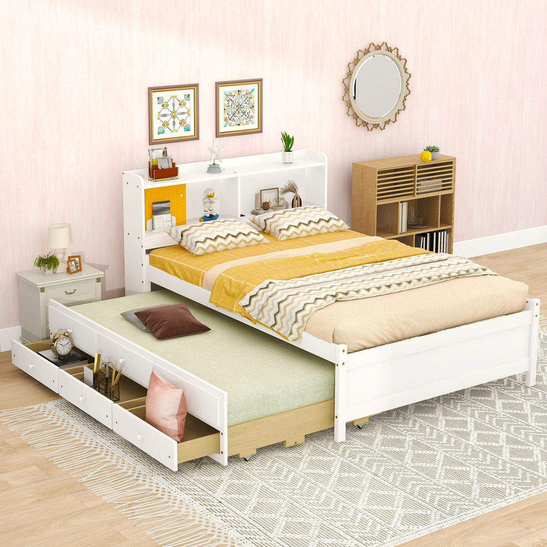 Bed With USB &amp; Type-C Ports, LED Light, Bookcase Headboard, Trundle And 3 Storage Drawers, Bed With Bookcase Headboard, Trundle And Storage Drawers