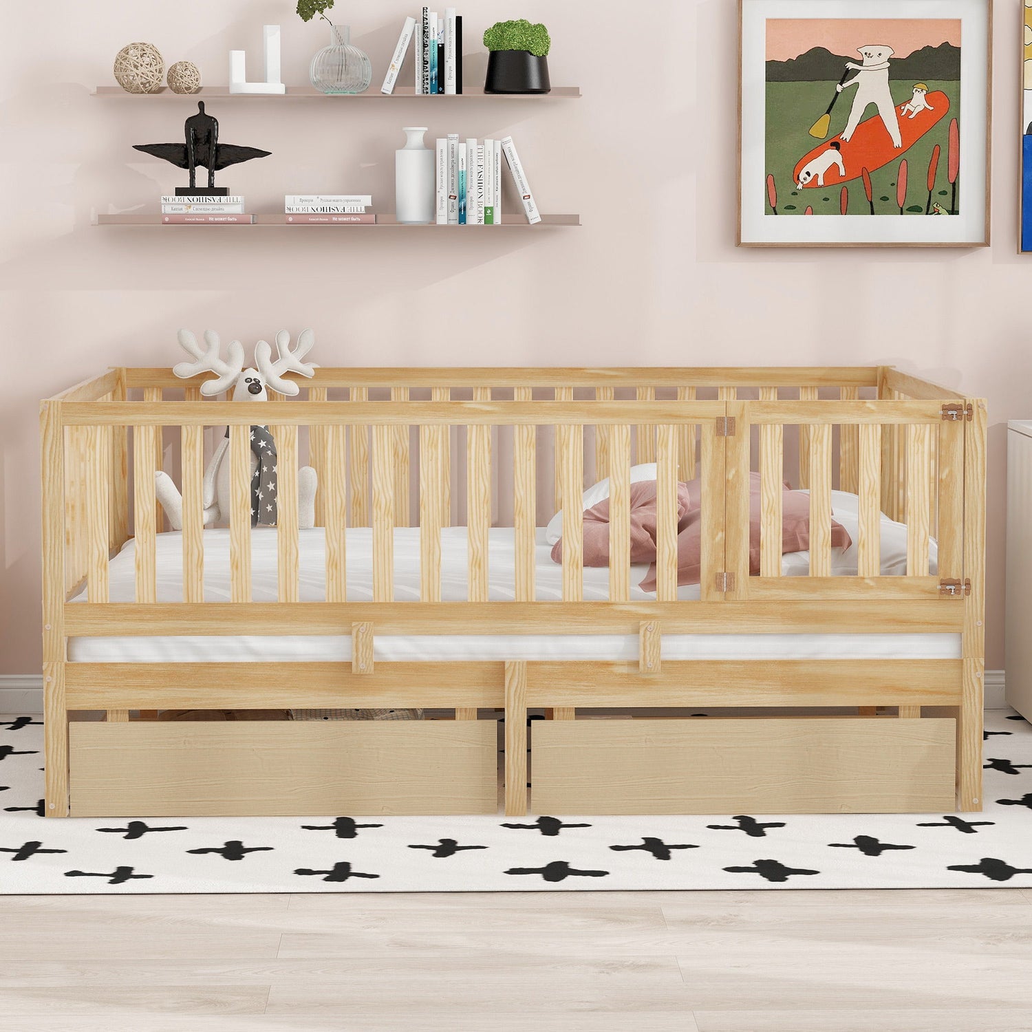 Daybed With Fence Guardrails And 2 Drawers, Split Into Independent Floor Bed &amp; Daybed