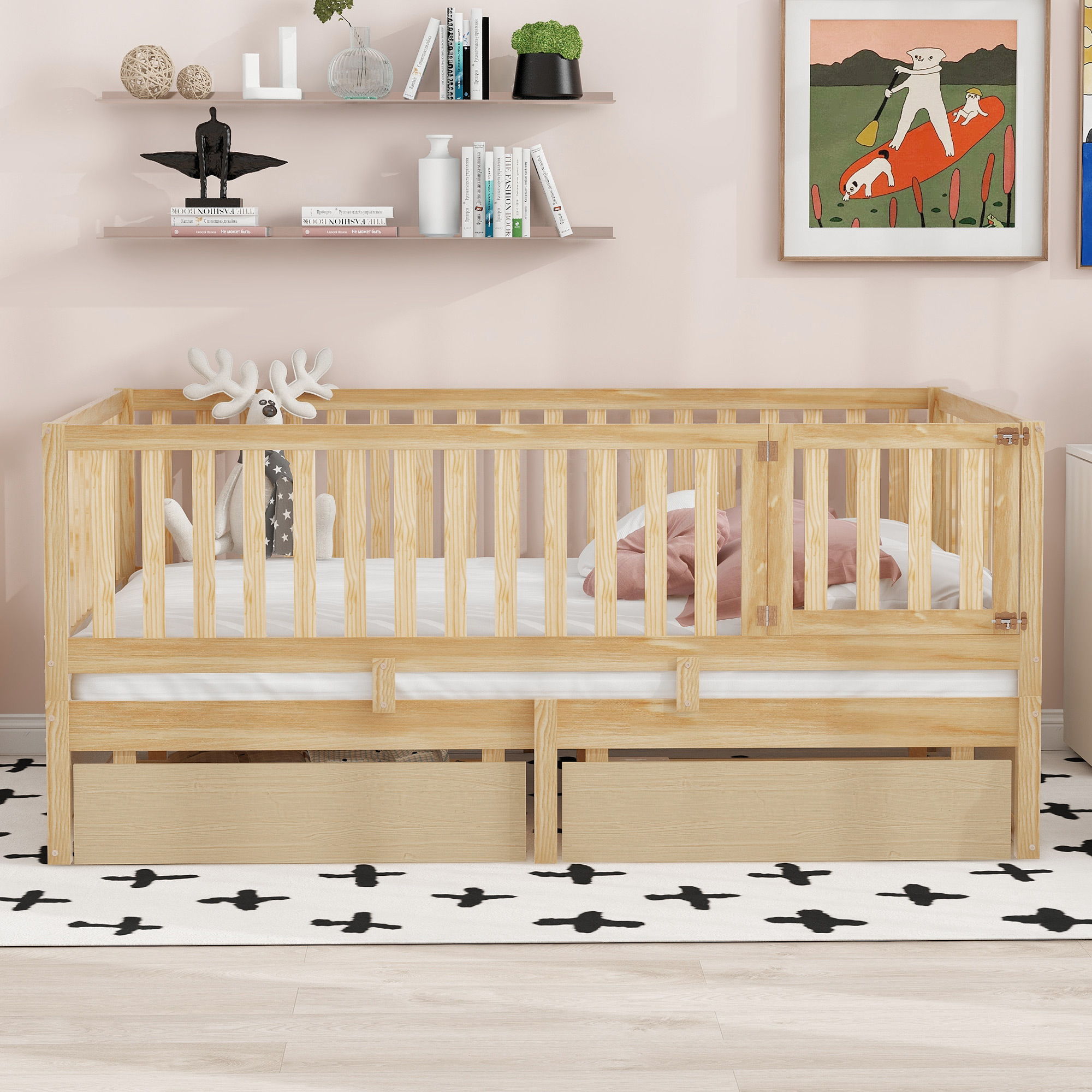 Daybed With Fence Guardrails And 2 Drawers, Split Into Independent Floor Bed &amp; Daybed