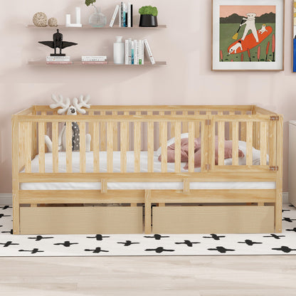 Daybed With Fence Guardrails And 2 Drawers, Split Into Independent Floor Bed &amp; Daybed