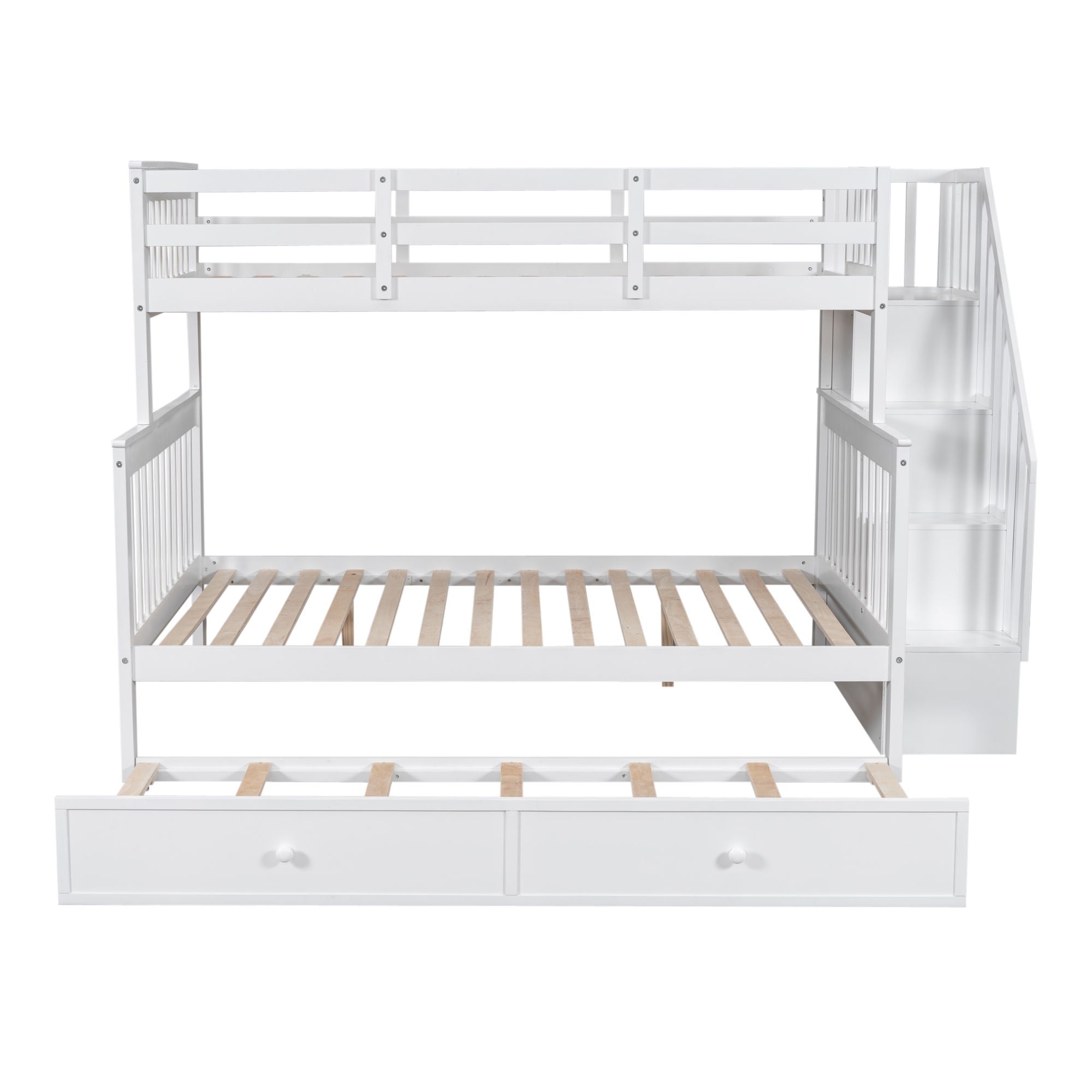 Twin Over Full Bunk Bed With Twin Size Trundle, Storage And Guard Rail For Bedroom - White