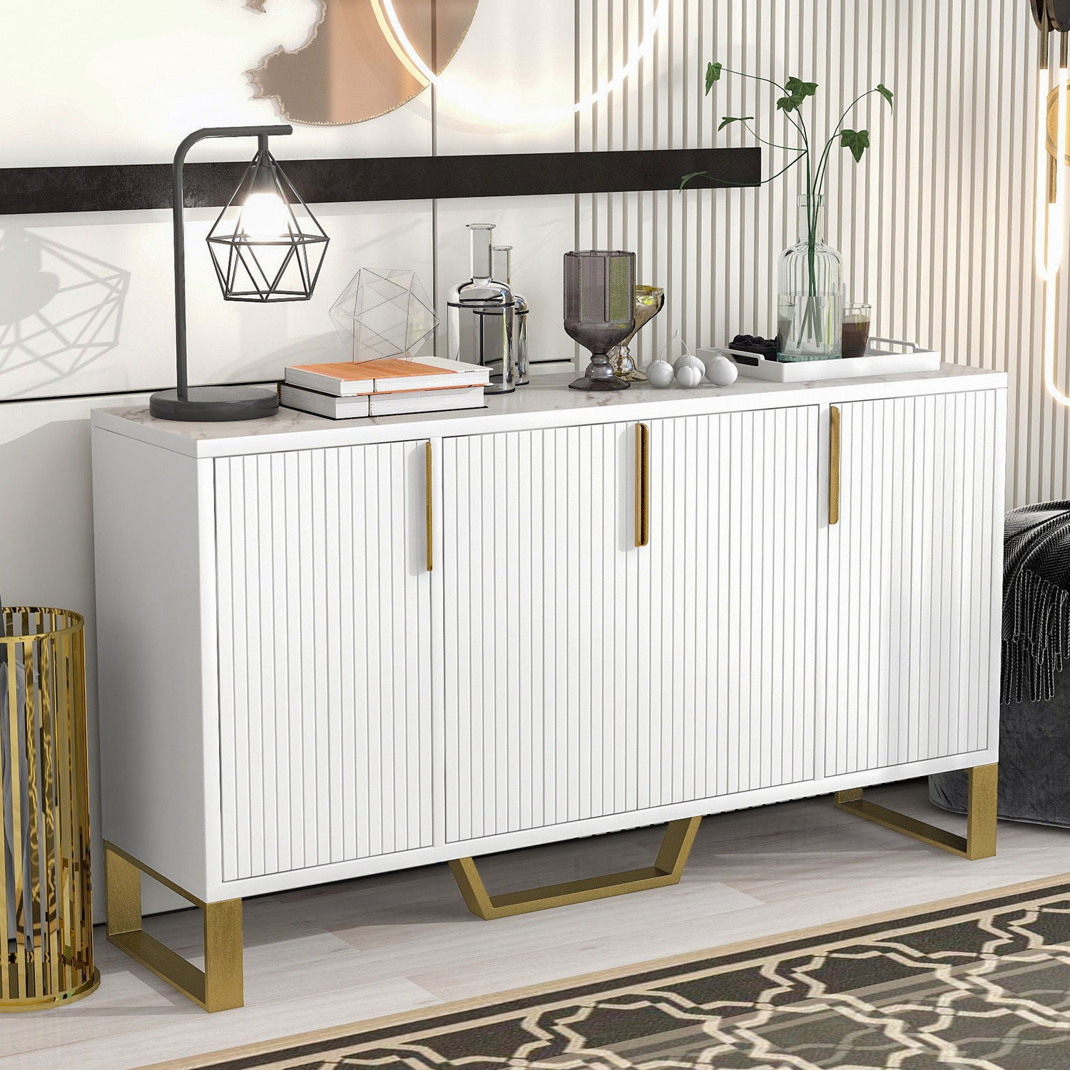Modern Sideboard With Four Doors, Metal Handles &amp; Legs And Adjustable Shelves Kitchen Cabinet