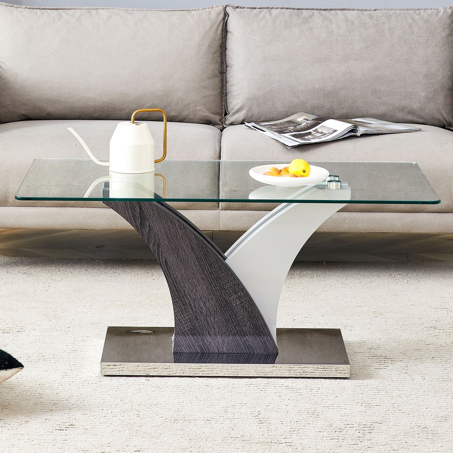Artistic Rectangular Coffee Table With Tempered Glass Countertop