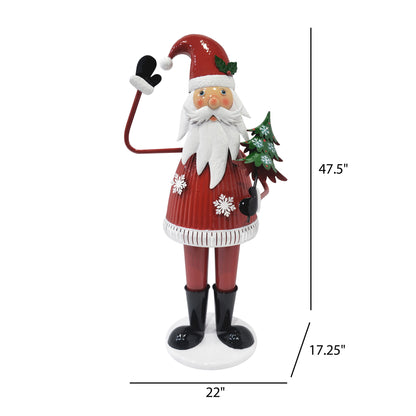 Cheerful Santa Claus Holding Tree And Waving, Holiday Decoration With Festive Design - Red
