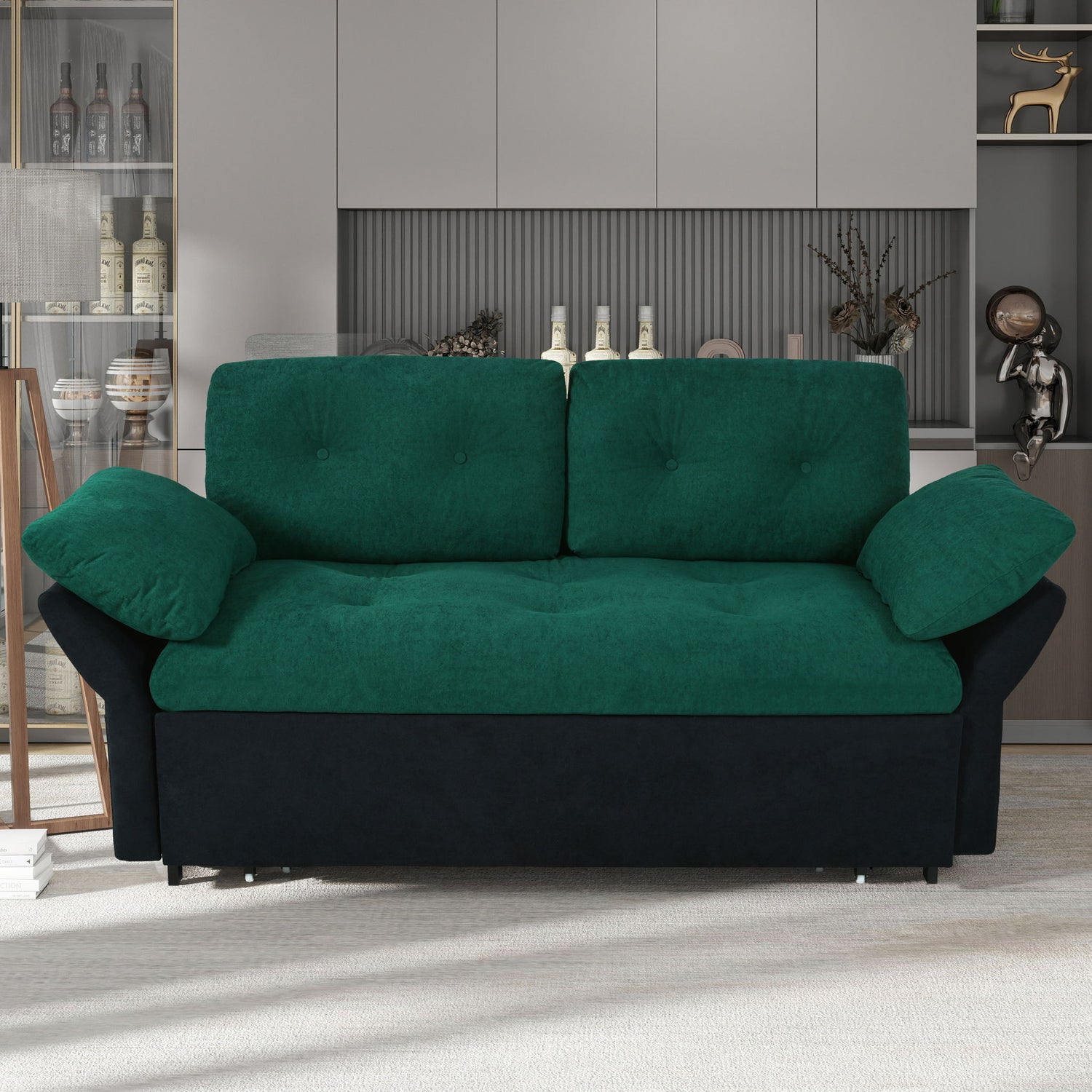 Modern Convertible Sleeper Sofa Bed With Pull-Out Queen Design, Side Storage &amp; Thick Cushions