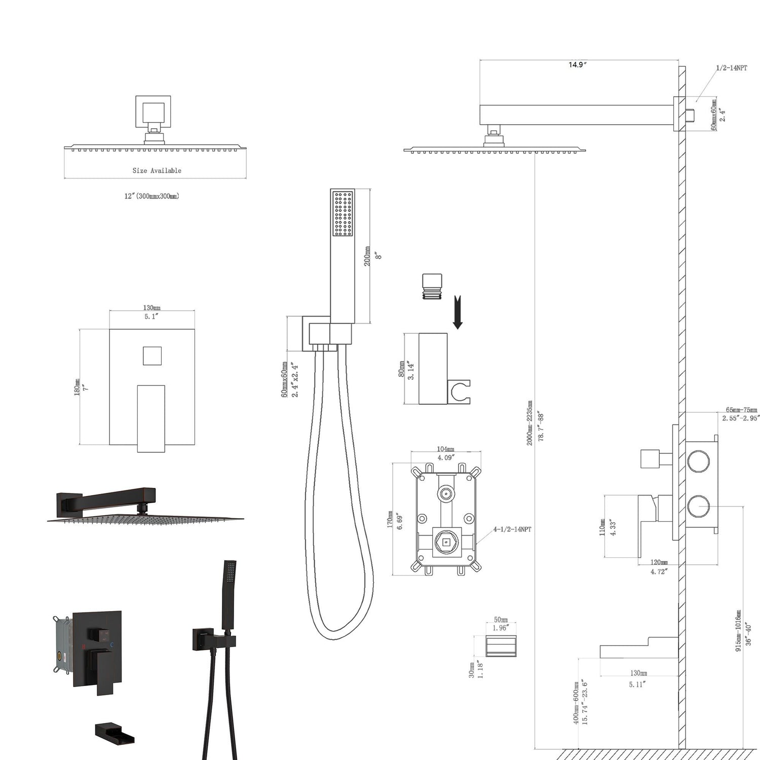Wall Mounted Square Shower System With Waterfall Tub Spout And 12&quot; Shower Head - Oil-Rubbed Bronze