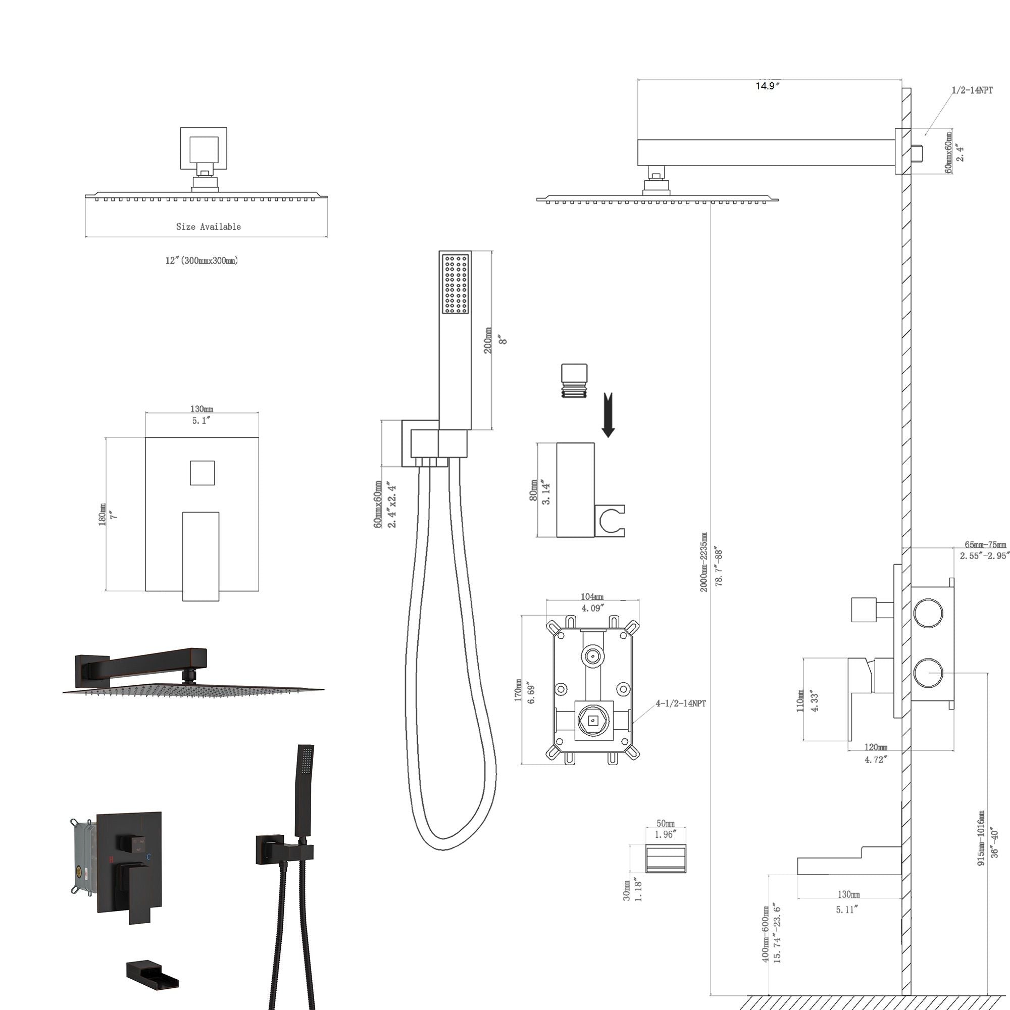 Wall Mounted Square Shower System With Waterfall Tub Spout And 12&quot; Shower Head - Oil-Rubbed Bronze