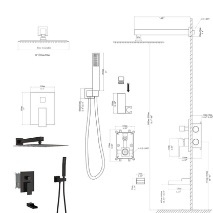 Wall Mounted Square Shower System With Waterfall Tub Spout And 12&quot; Shower Head - Oil-Rubbed Bronze