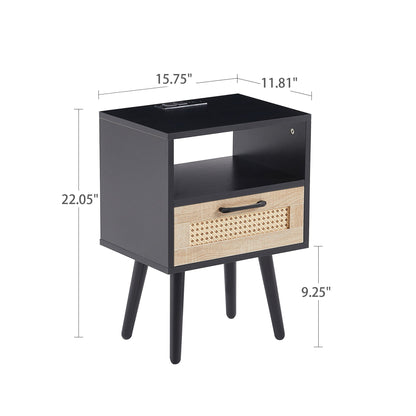 15.75&quot; Rattan End Table With Power Outlet &amp; USB Ports, Modern Nightstand With Drawer And Solid Wood Legs, Side Table For Living Room, Bedroom