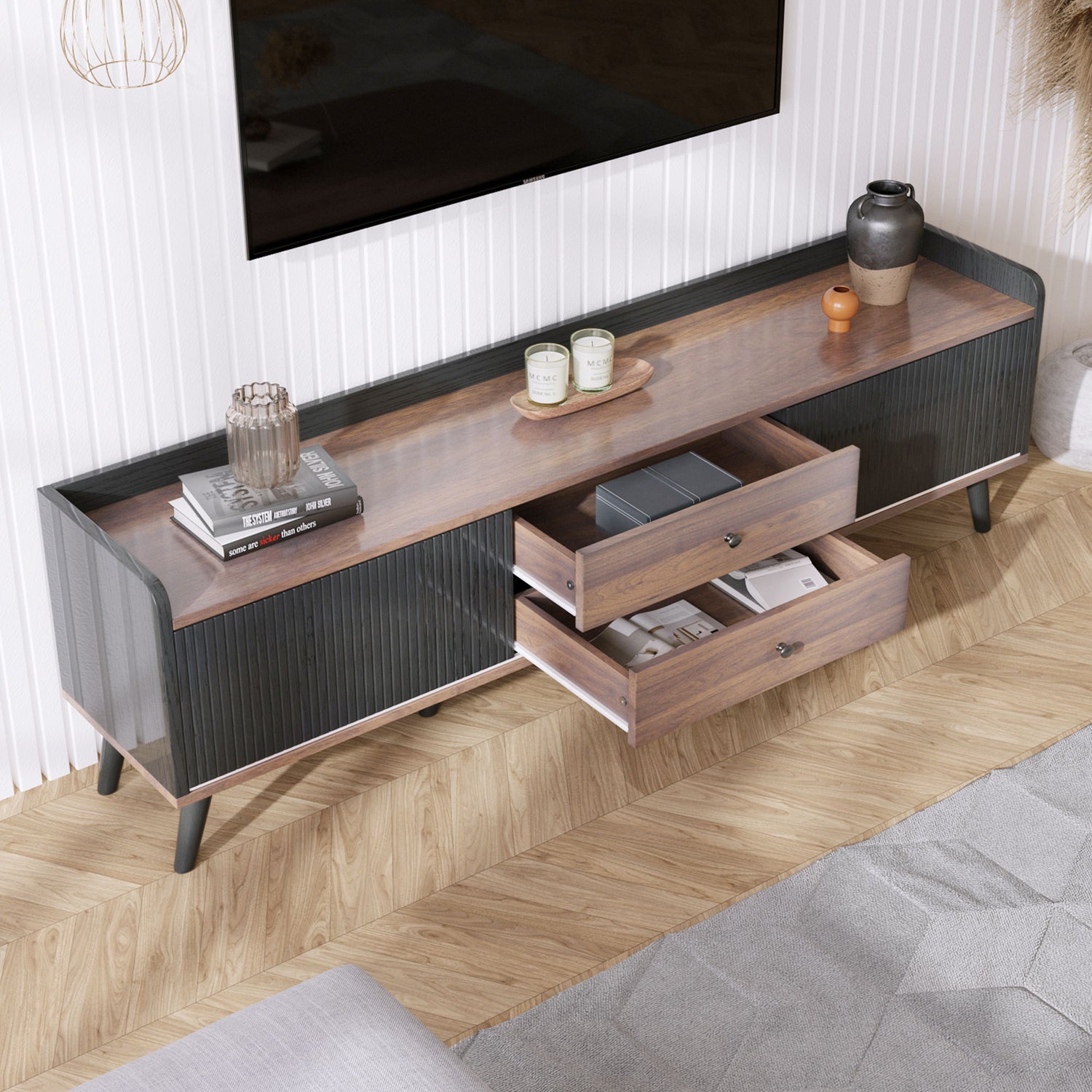 Mid Century TV Stand With 2 Cabinets &amp; Open Compartments, Entertainment Center For Tvs Up To 70&