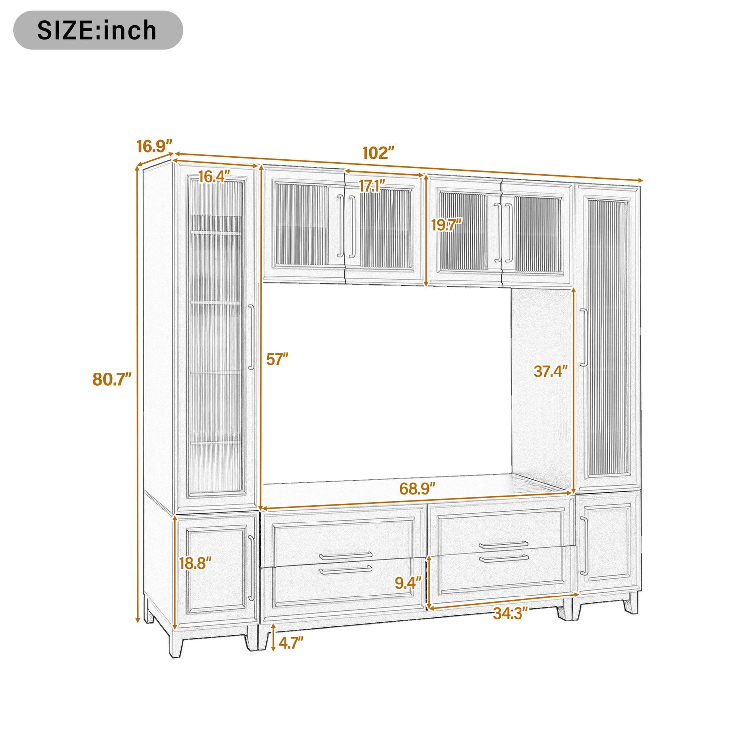 Wall Unit Entertainment Center With Glass Doors For TVs Up To 75&quot; With Drawers For Living Room - White