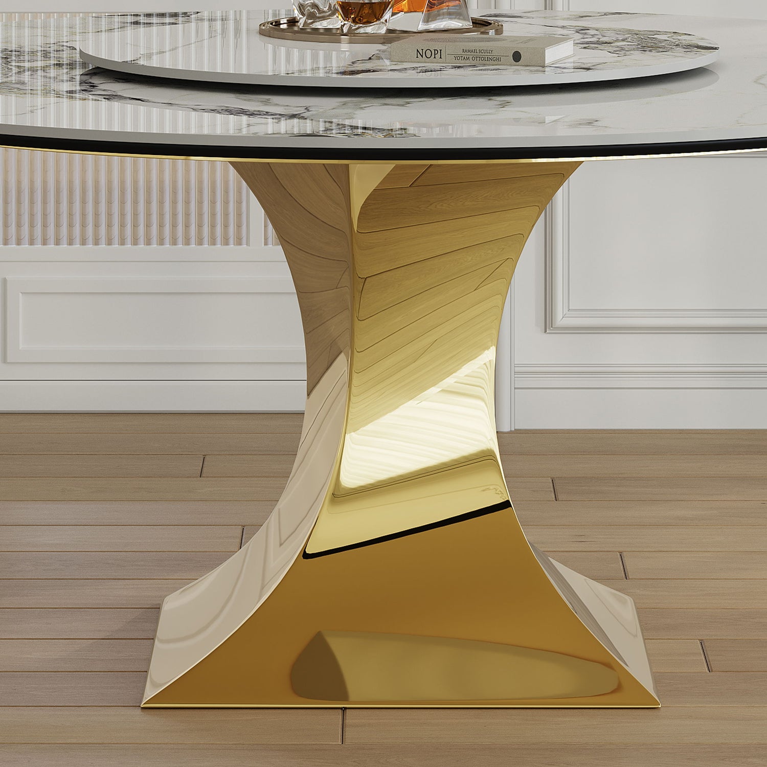 Luxury Round 59&quot; Sintered Stone Dining Table With Stainless Steel Hourglass Base, Scratch &amp; Heat Resistant Surface - Golden / White