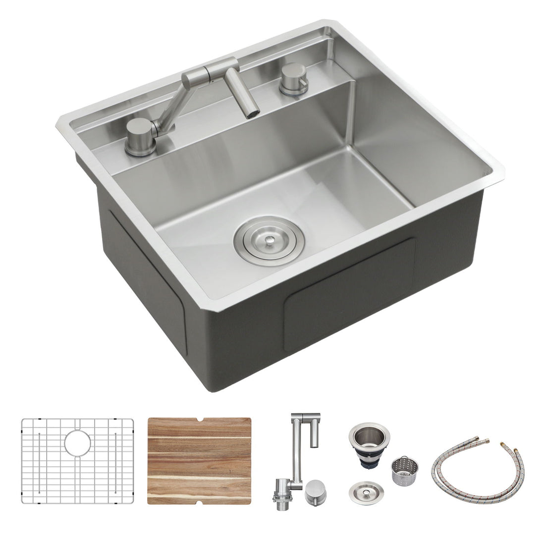 21&quot; Undermount Kitchen Sink With Folding Faucet And Cutting Board Stainless Steel 16 Gauge Workstation - Brushed Nickel