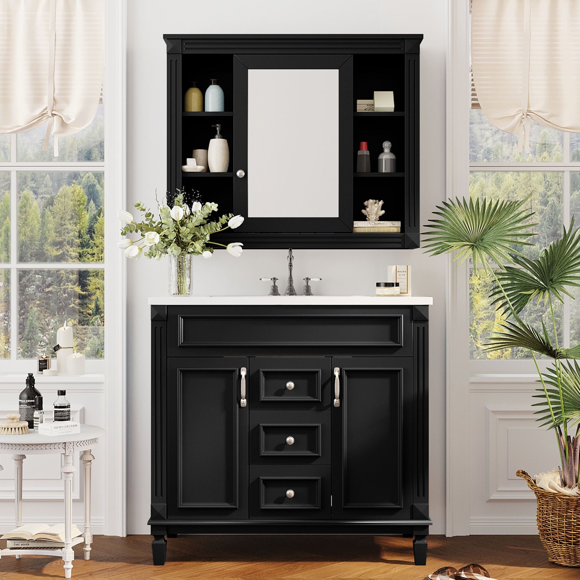 Bathroom Vanity With Top Sink, Mirror Cabinet, 2 Soft Closing Doors &amp; 2 Drawers