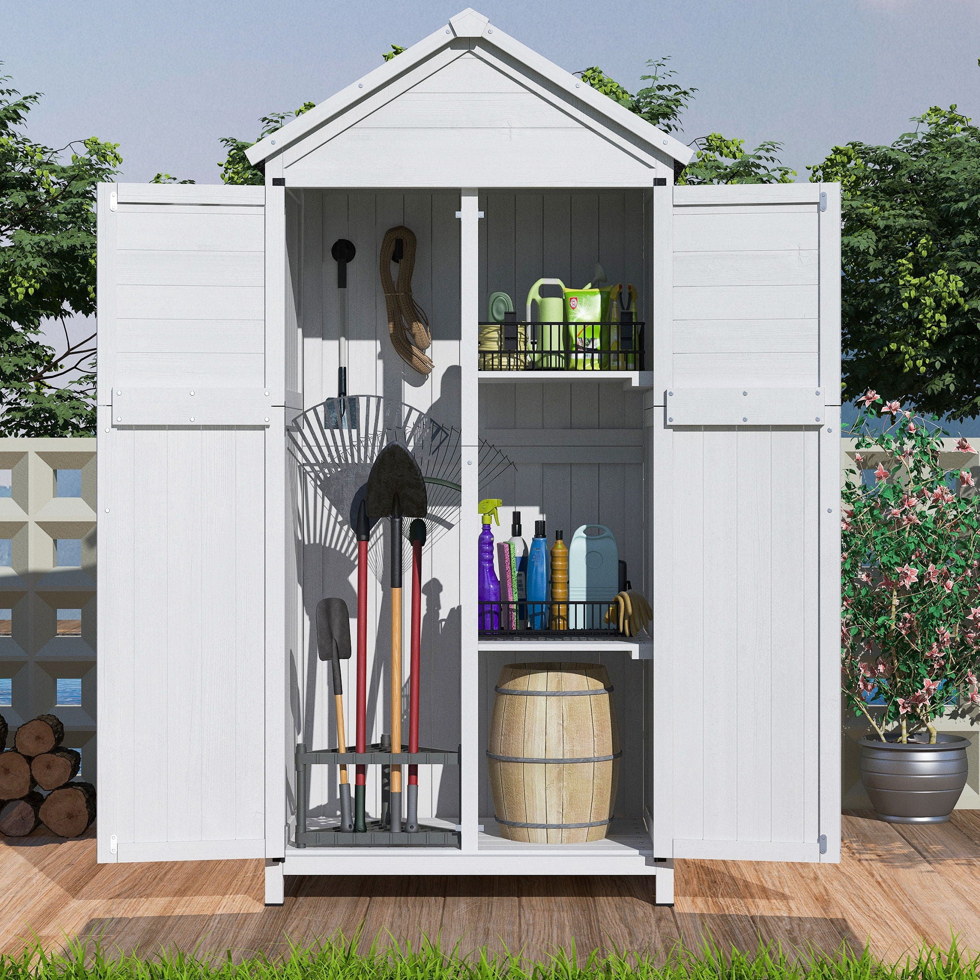 Storage Shed With Double Doors For Outdoor Garden Tool Organization - White