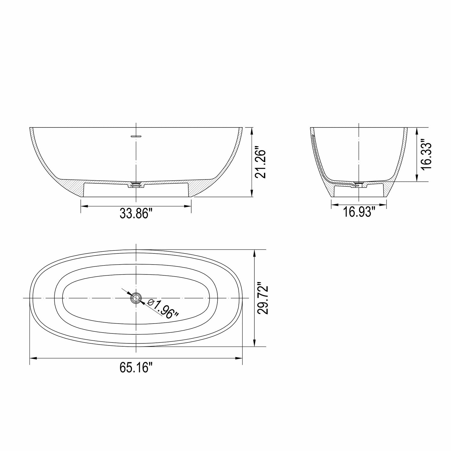 65.2&quot; Freestanding Solid Surface Soaking Bathtub For Bathroom - Matte White