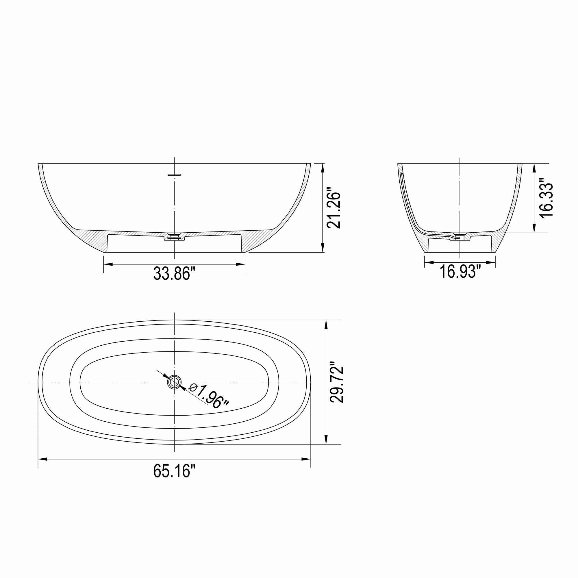 65.2&quot; Freestanding Solid Surface Soaking Bathtub For Bathroom - Matte White