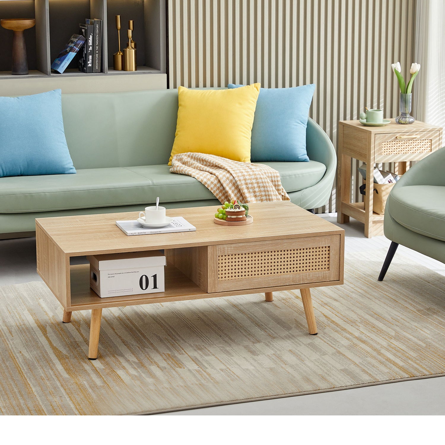 41.34&quot; Rattan Coffee Table, Sliding Door For Storage, Solid Wood Legs, Modern Table For Living Room