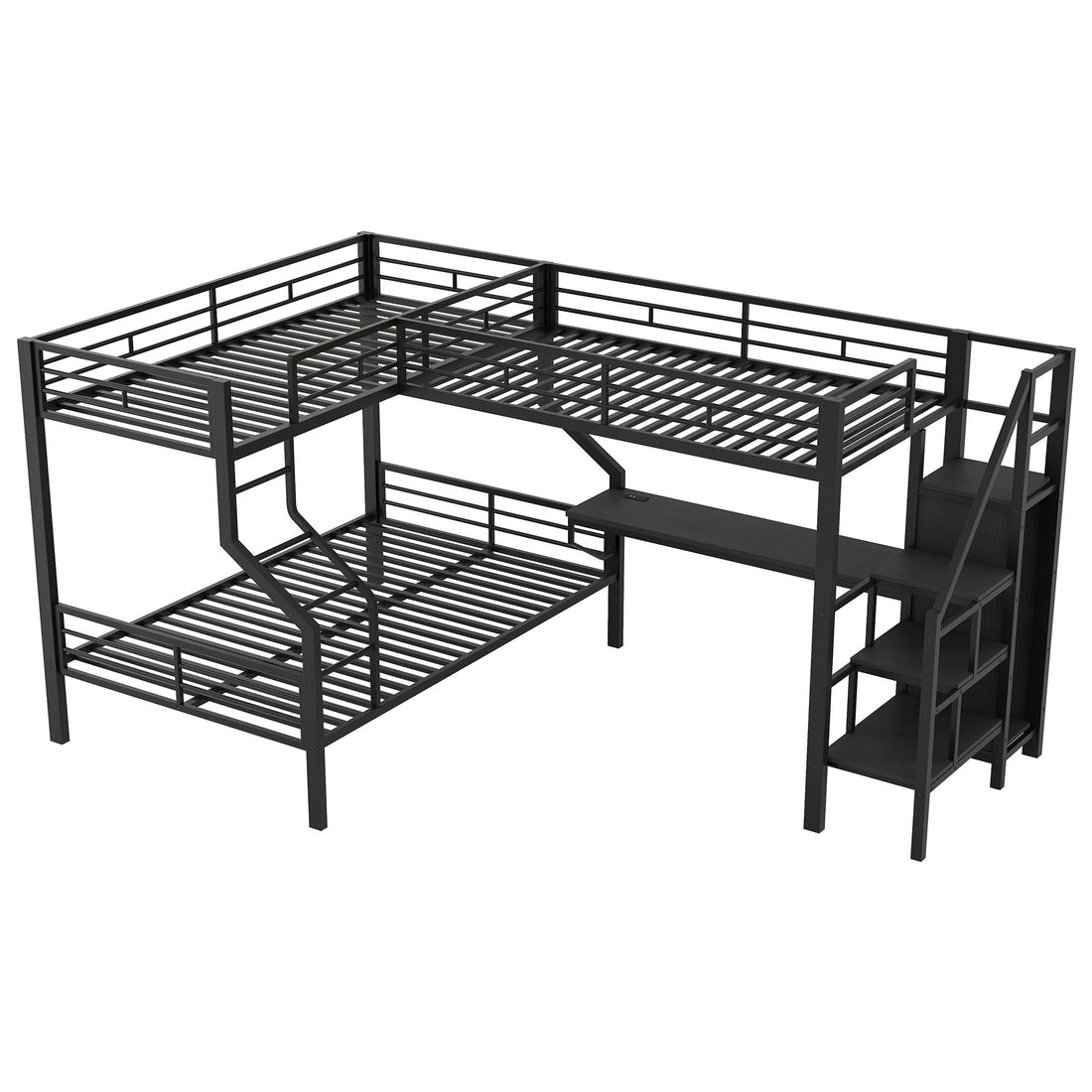 Twin Over Full L Shaped Bunk &amp; Loft Bed With Built-In Wardrobe, Desk, And USB Ports - Black