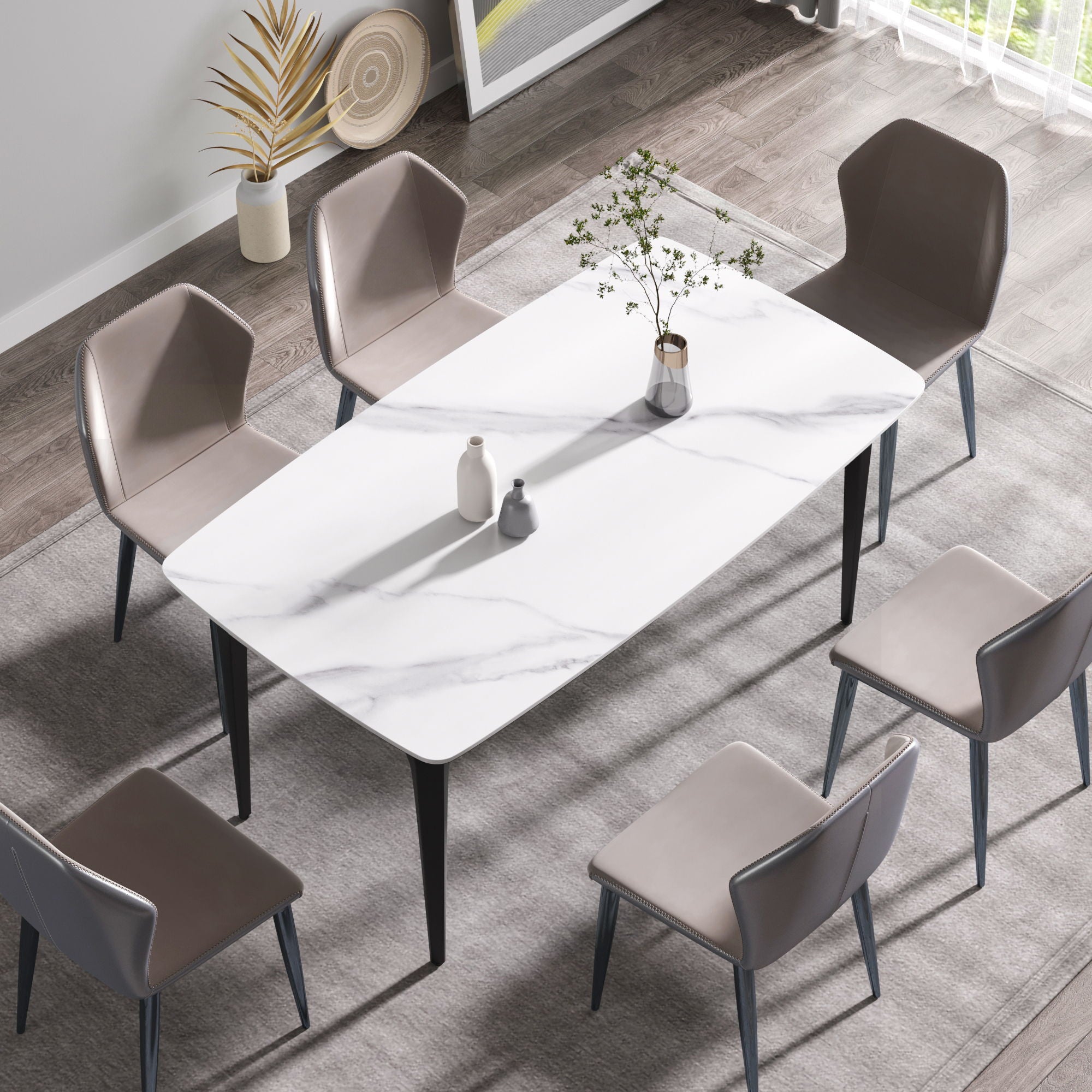 63&quot; Modern Artificial Stone White Curved Black Metal Leg Dining Table, 6 People - White