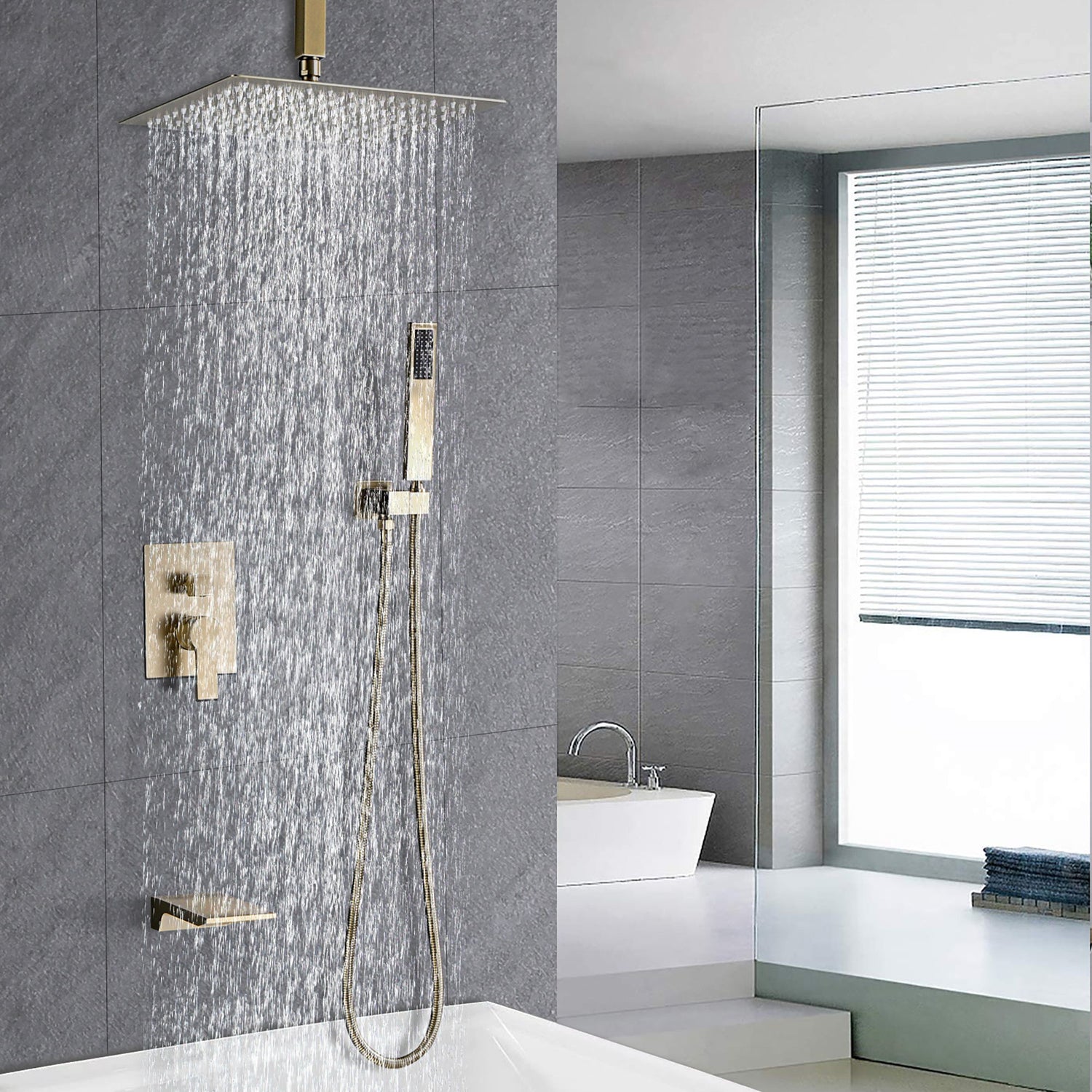 Contemporary Shower System With 12&quot; Rainfall Head And Handheld Spray, Wall Mounted
