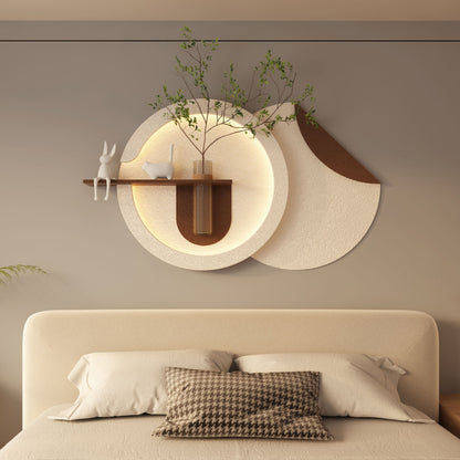 Adjustable 3 Color LED Sandstone Double Disc Wall Art With Simulated Greenery, Vase &amp; Rabbit Statue - Light Coffee