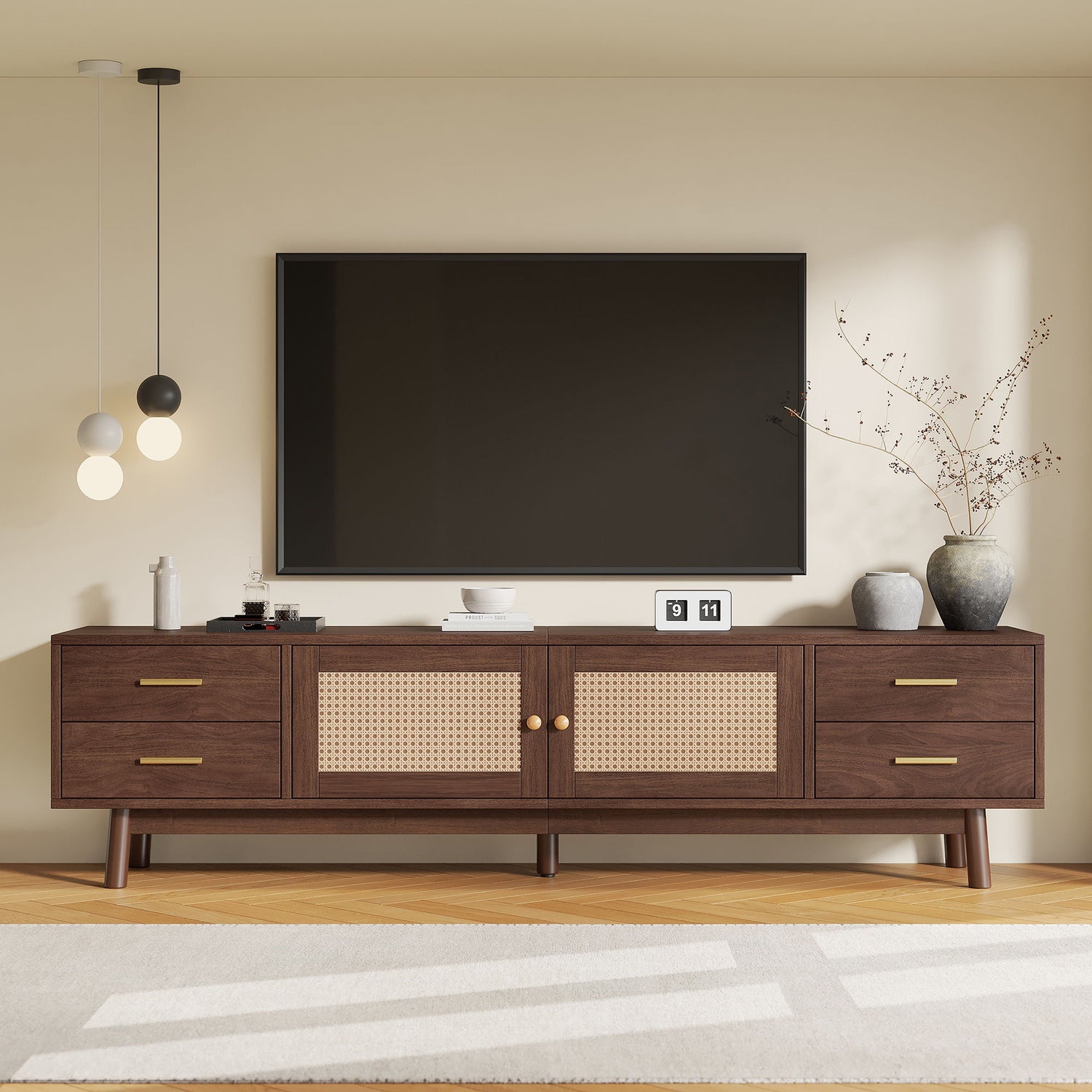 70" TV Stand With Doors For TVs Up To 80", Media Console With 4 Drawers &amp; Cable Holes - Dark Brown