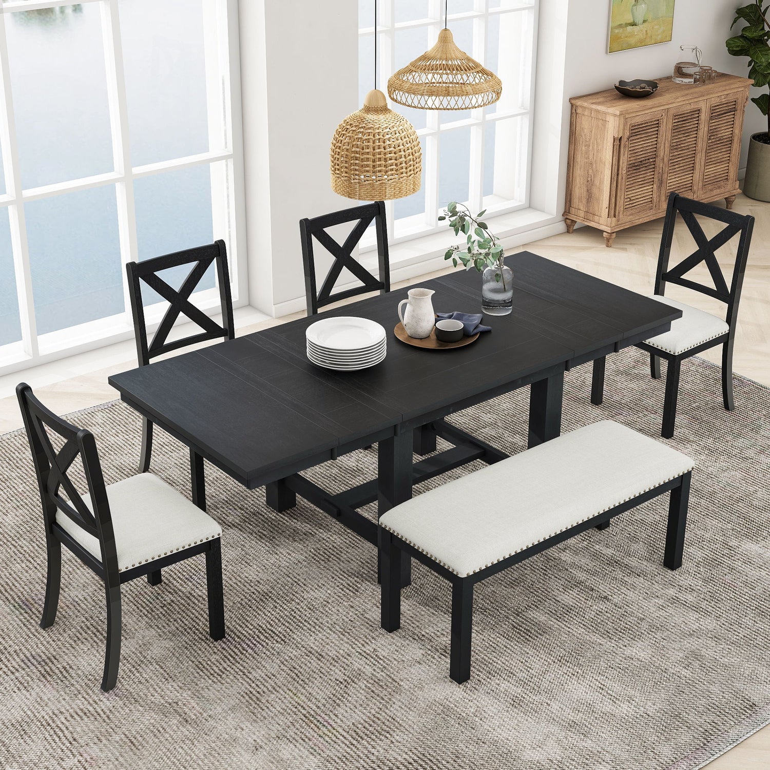 Topmax - 6 Piece Farmhouse Extendable Dining Table With Footrest, 4 Upholstered Dining Chairs And Dining Bench, Two 11&quot; Removable Leaf