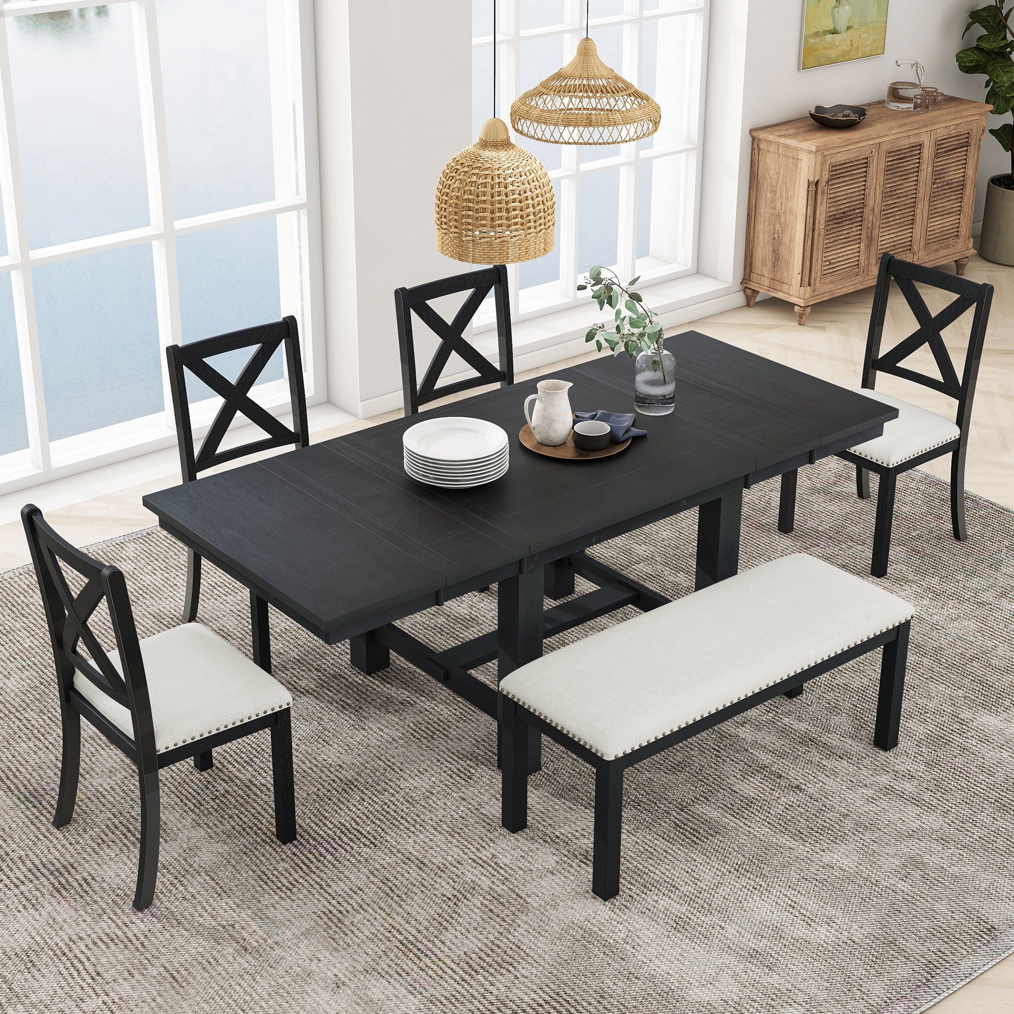 Topmax - 6 Piece Farmhouse Extendable Dining Table With Footrest, 4 Upholstered Dining Chairs And Dining Bench, Two 11&quot; Removable Leaf