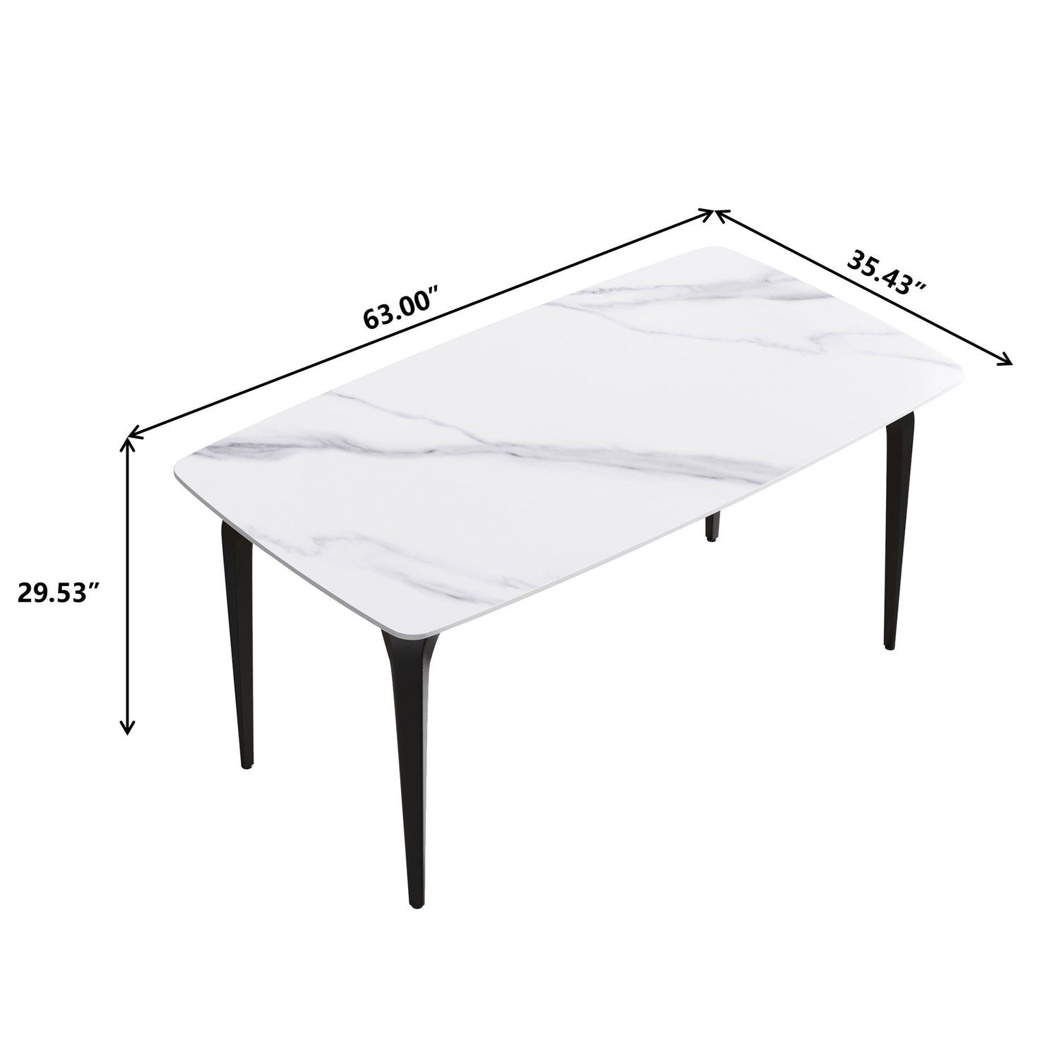 63&quot; Modern Artificial Stone White Curved Black Metal Leg Dining Table, 6 People - White