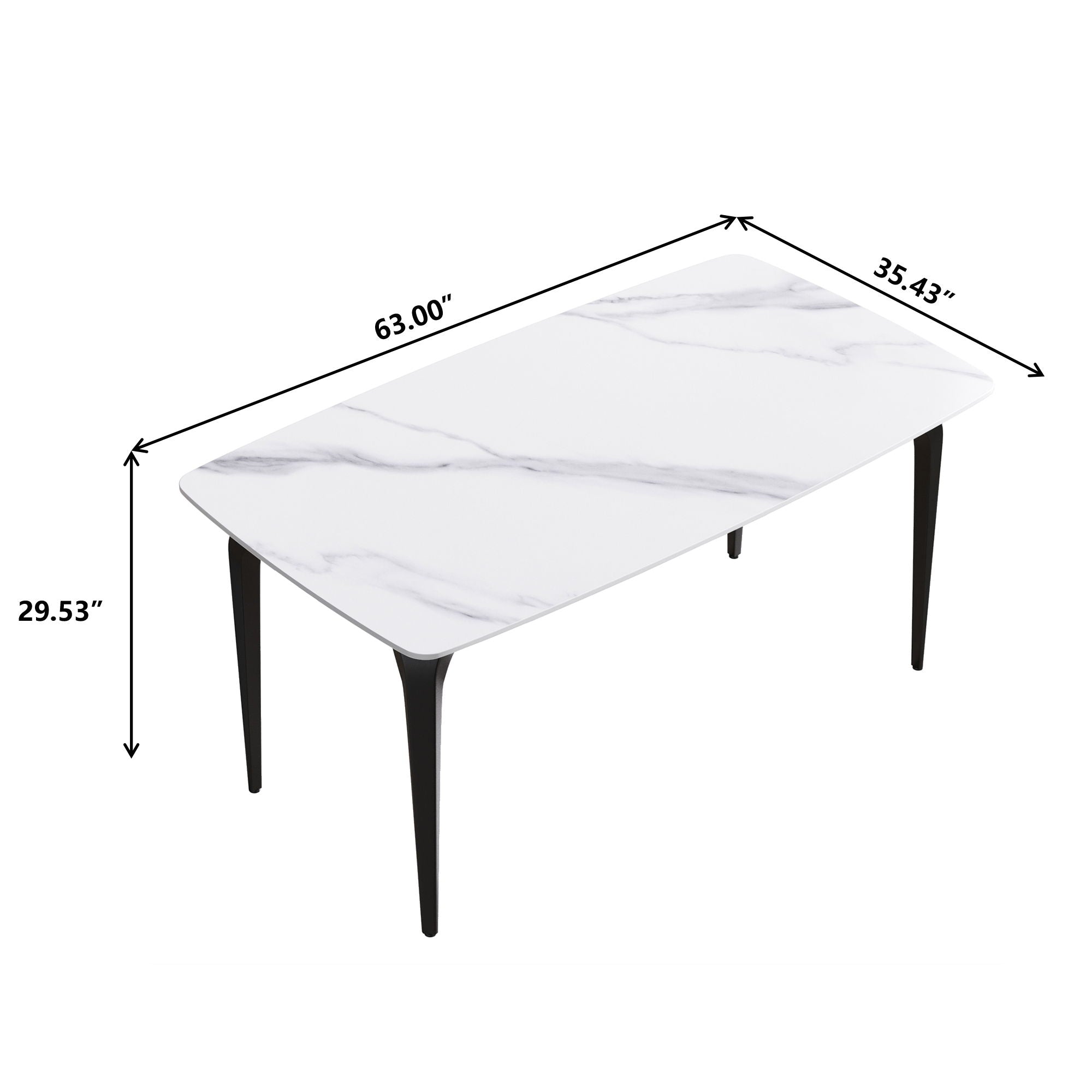 63&quot; Modern Artificial Stone White Curved Black Metal Leg Dining Table, 6 People - White