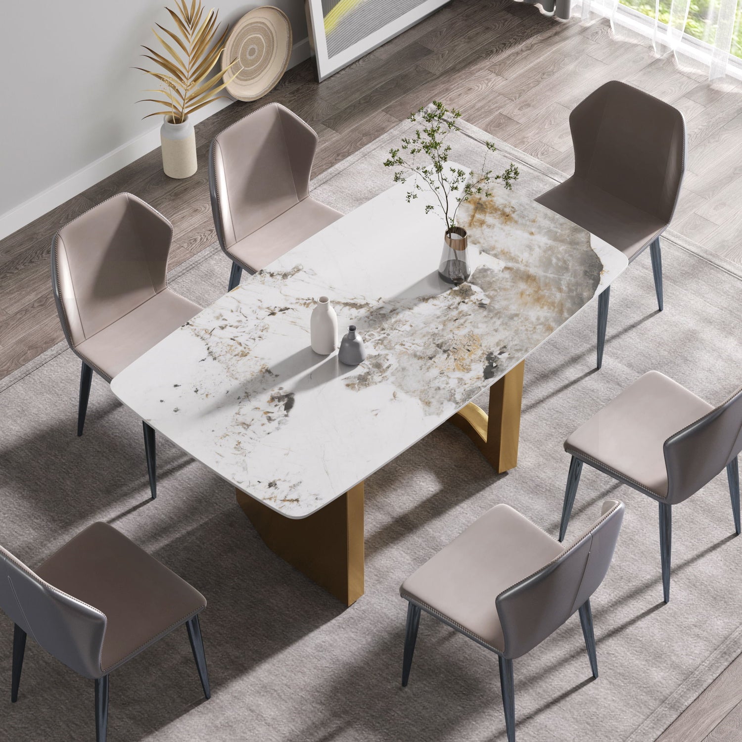 63&quot; Artificial Stone Pandora White Curved Golden Metal Leg Dining Table, 6 People - Antique White / Gold